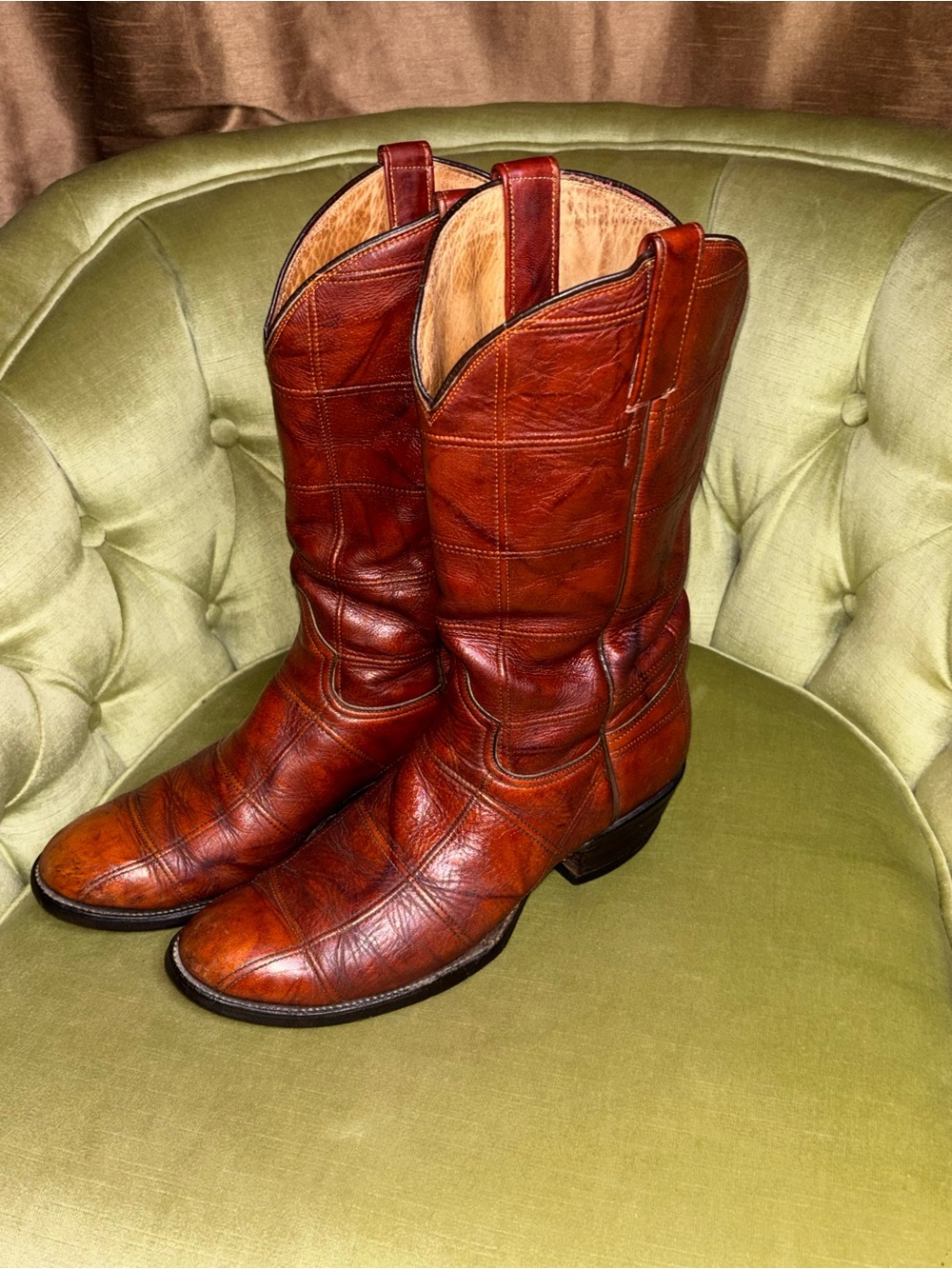 Luskeys Mens Size 10.5 D Brown Leather patchwork Western Cowboy Boots - Picture 2 of 11